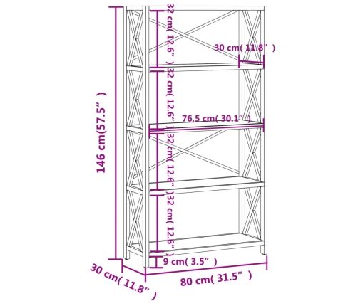 Estantería de 5 niveles madera maciza de roble 80x30x146 cm