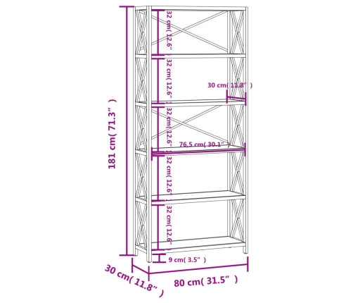 Estantería de 6 niveles madera maciza de roble 80x30x181 cm