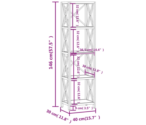 vidaXL Estantería de 5 niveles madera maciza de roble 40x30x146 cm