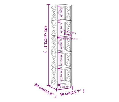 Estantería de 6 niveles madera maciza de roble 40x30x181 cm