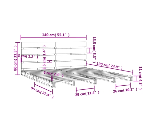 Estructura de cama sin colchón madera maciza de pino 140x190 cm