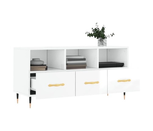 Mueble de TV madera contrachapada blanco brillo 102x36x50 cm