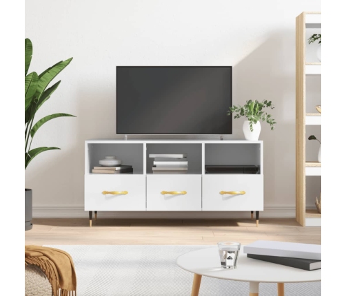 Mueble de TV madera contrachapada blanco brillo 102x36x50 cm