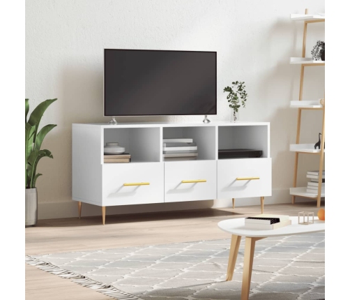 Mueble de TV madera contrachapada blanco brillo 102x36x50 cm