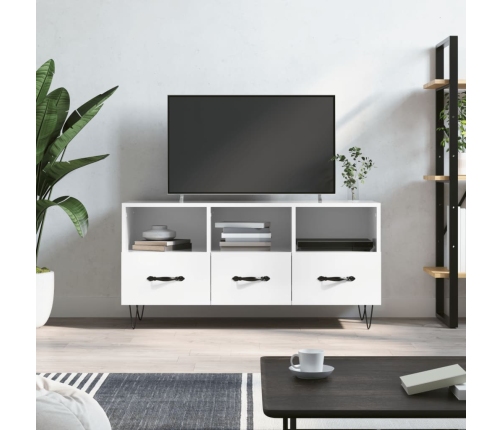 Mueble de TV madera contrachapada blanco brillo 102x36x50 cm