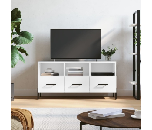 Mueble de TV madera contrachapada blanco brillo 102x36x50 cm