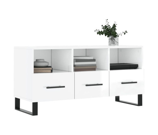 Mueble de TV madera contrachapada blanco brillo 102x36x50 cm