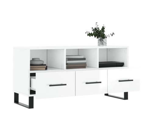 Mueble de TV madera contrachapada blanco brillo 102x36x50 cm