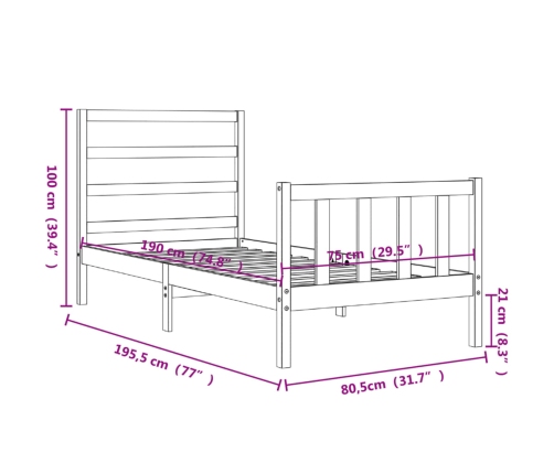 Estructura de cama individual con cabecero madera maciza blanco