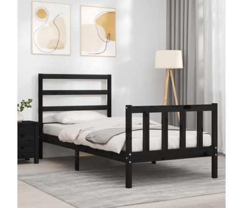 Estructura de cama con cabecero madera maciza negro 90x190 cm