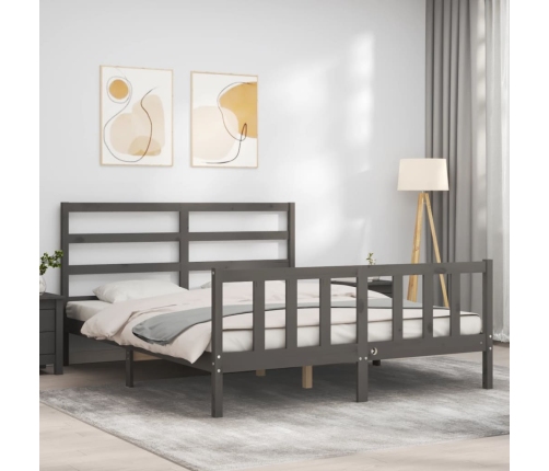 Estructura de cama matrimonio con cabecero madera maciza gris