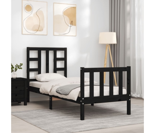 Estructura de cama individual con cabecero madera maciza negro
