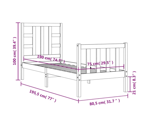 Estructura de cama individual con cabecero madera maciza negro