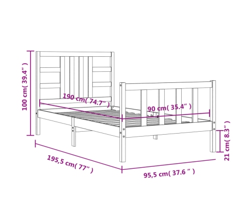 Estructura de cama sin colchón madera maciza de pino 90x190 cm