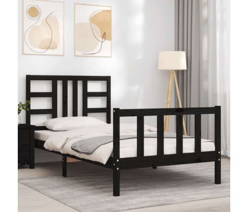 Estructura de cama con cabecero madera maciza negro 90x190 cm