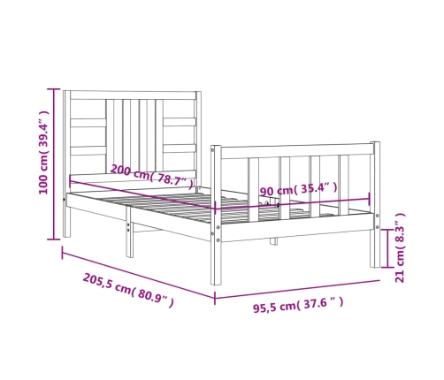 Estructura de cama con cabecero madera maciza negro 90x200 cm