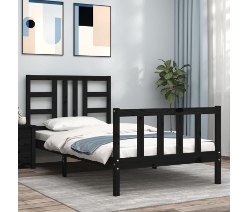 Estructura de cama con cabecero madera maciza negro 90x200 cm