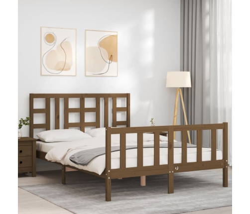 Estructura de cama matrimonio con cabecero madera marrón miel