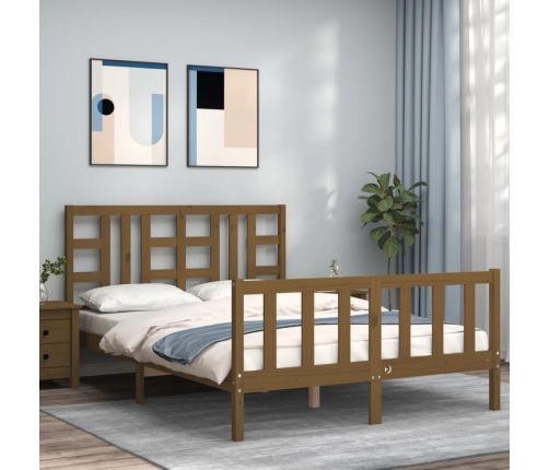 Estructura de cama matrimonio con cabecero madera marrón miel