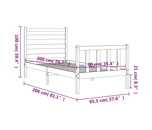 Estructura de cama sin colchón madera maciza de pino 90x200 cm