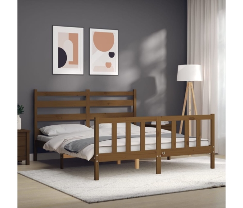 Estructura de cama matrimonio con cabecero madera marrón miel