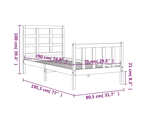 Estructura de cama individual con cabecero madera maciza negro