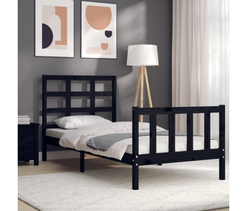 Estructura de cama individual con cabecero madera maciza negro