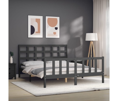 Estructura de cama matrimonio con cabecero madera maciza gris