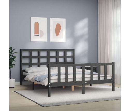 Estructura de cama matrimonio con cabecero madera maciza gris