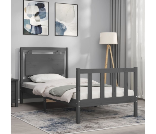 vidaXL Estructura de cama individual con cabecero madera maciza gris