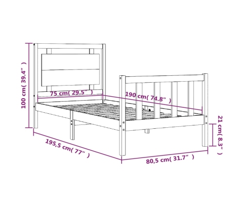 Estructura de cama individual con cabecero madera maciza negro