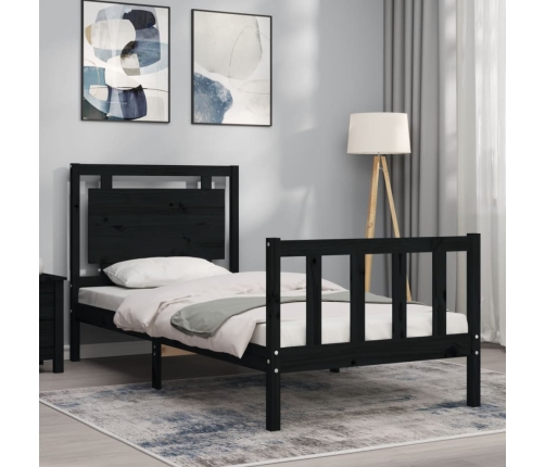 Estructura de cama con cabecero madera maciza negro 90x190 cm