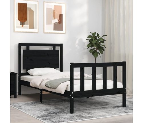 Estructura de cama con cabecero madera maciza negro 90x190 cm