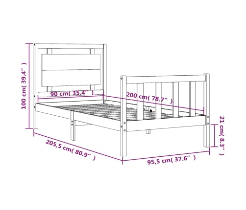 Estructura de cama con cabecero madera maciza negro 90x200 cm