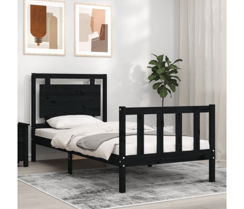 Estructura de cama con cabecero madera maciza negro 90x200 cm