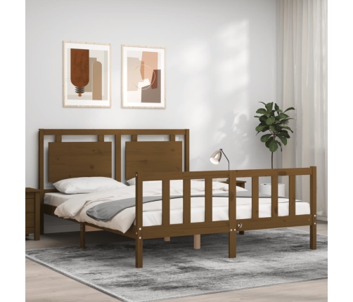 Estructura de cama matrimonio con cabecero madera marrón miel