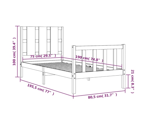 Estructura de cama individual con cabecero madera maciza negro