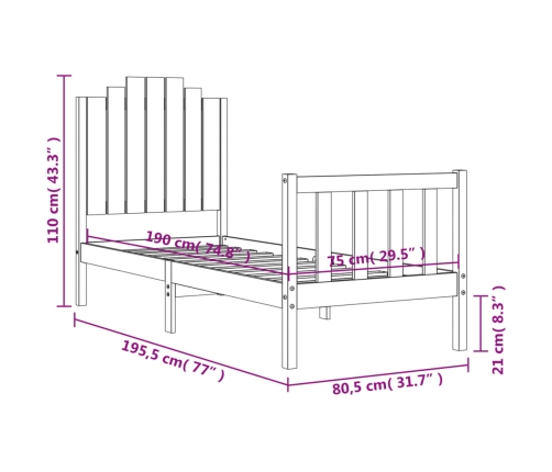 Estructura de cama individual con cabecero madera maciza blanco