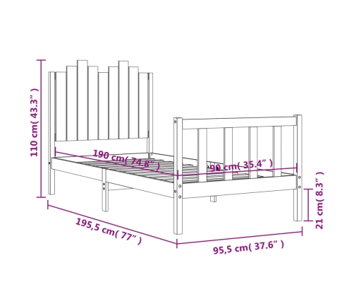 Estructura de cama sin colchón madera maciza de pino 90x190 cm