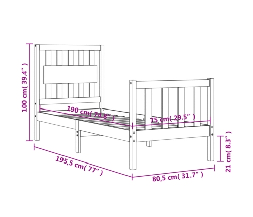 Estructura de cama individual con cabecero madera maciza negro