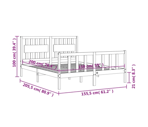 Estructura de cama matrimonio con cabecero madera maciza gris