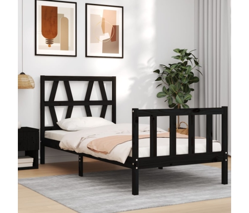 Estructura de cama con cabecero madera maciza negro