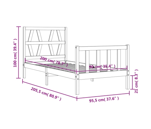 Estructura de cama sin colchón madera maciza de pino 90x200 cm