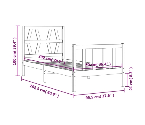 Estructura de cama con cabecero madera maciza negro 90x200 cm