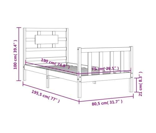 Estructura de cama individual con cabecero madera maciza negro