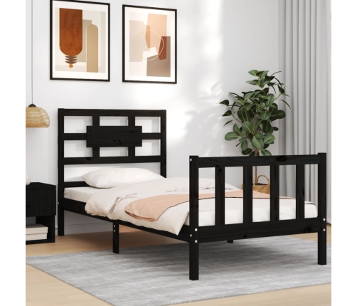 Estructura de cama individual con cabecero madera maciza negro