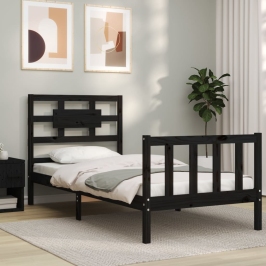 Estructura de cama individual con cabecero madera maciza negro