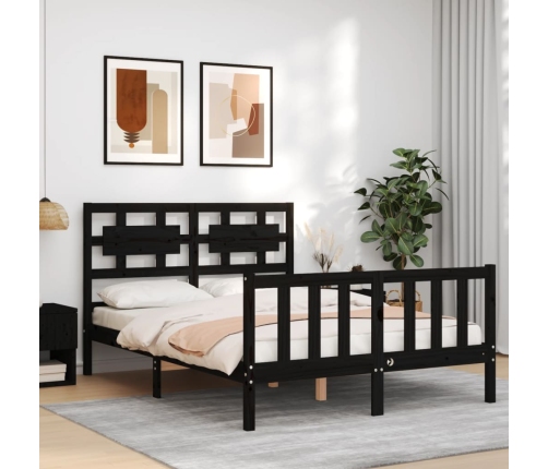 Estructura de cama con cabecero madera maciza negro 140x190 cm