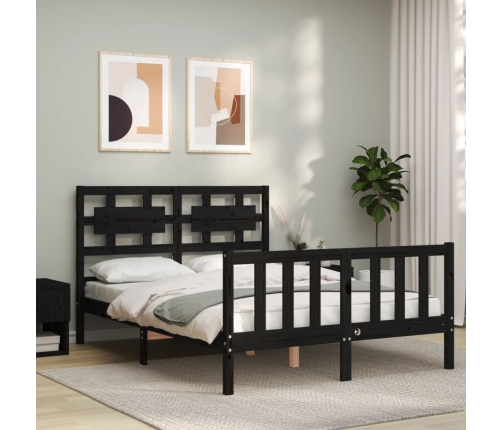 Estructura de cama con cabecero madera maciza negro 140x190 cm