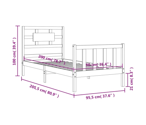Estructura de cama sin colchón madera maciza de pino 90x200 cm